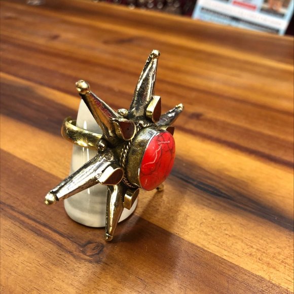 Red Stone Star Ring, Afghan Massive Ring, Handmade Statement Stone Ring, Boho - Picture 11 of 14